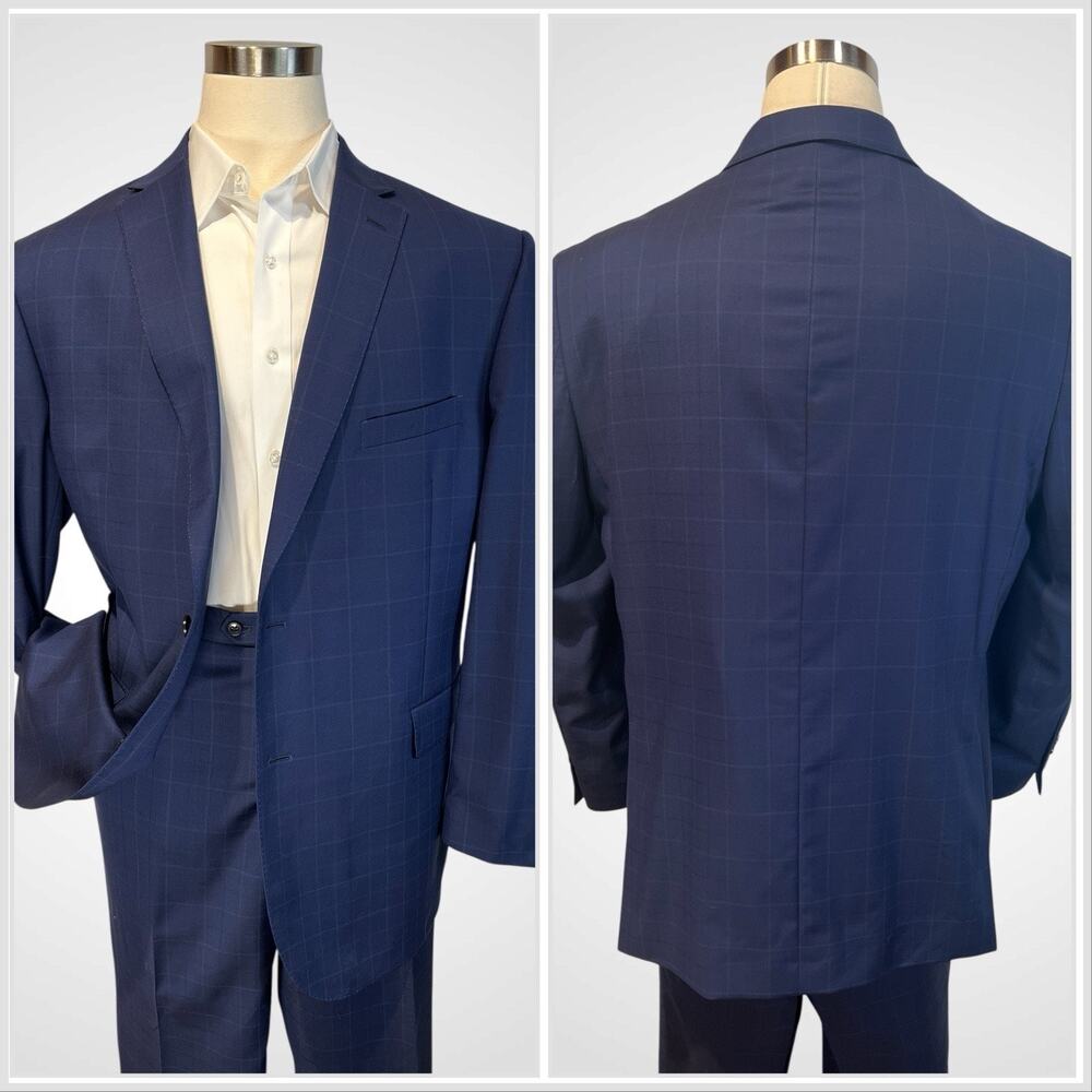 Jos A Bank Reserve REDA 50L 45x31 Royal Cobalt Blue Plaid Suit Italian Wool 130s - Picture 2 of 16